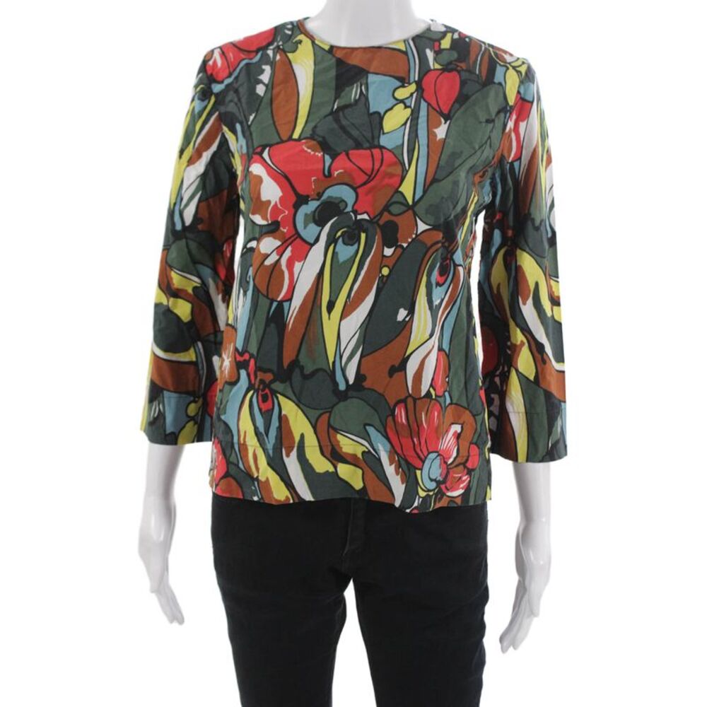 Marni Women Multicolor Floral Cotton Blouse 3/4 Sleeve Round Neck Zip Size S